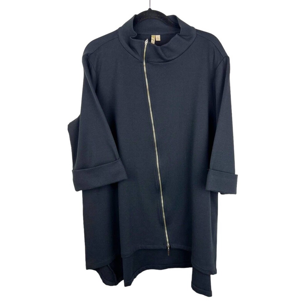 COMFY USA Black Asymmetrical Zip Jacket L Mock Neck Collar Lagenlook Sweater